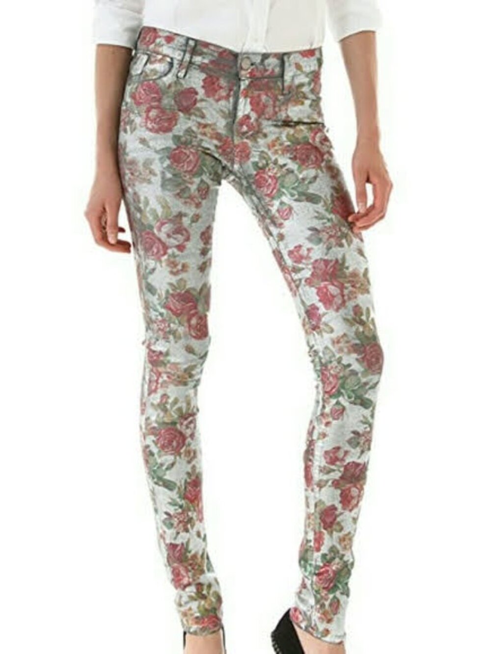 Goldsign Metallic Silver Floral Jeans - Size 29
